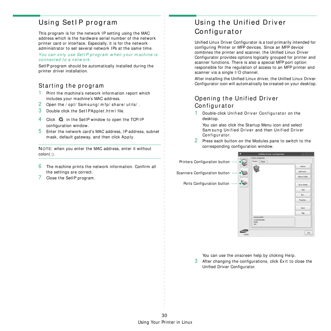 Samsung SCX-4500W manual Using SetIP program, Using the Unified Driver Configurator, Starting the program 