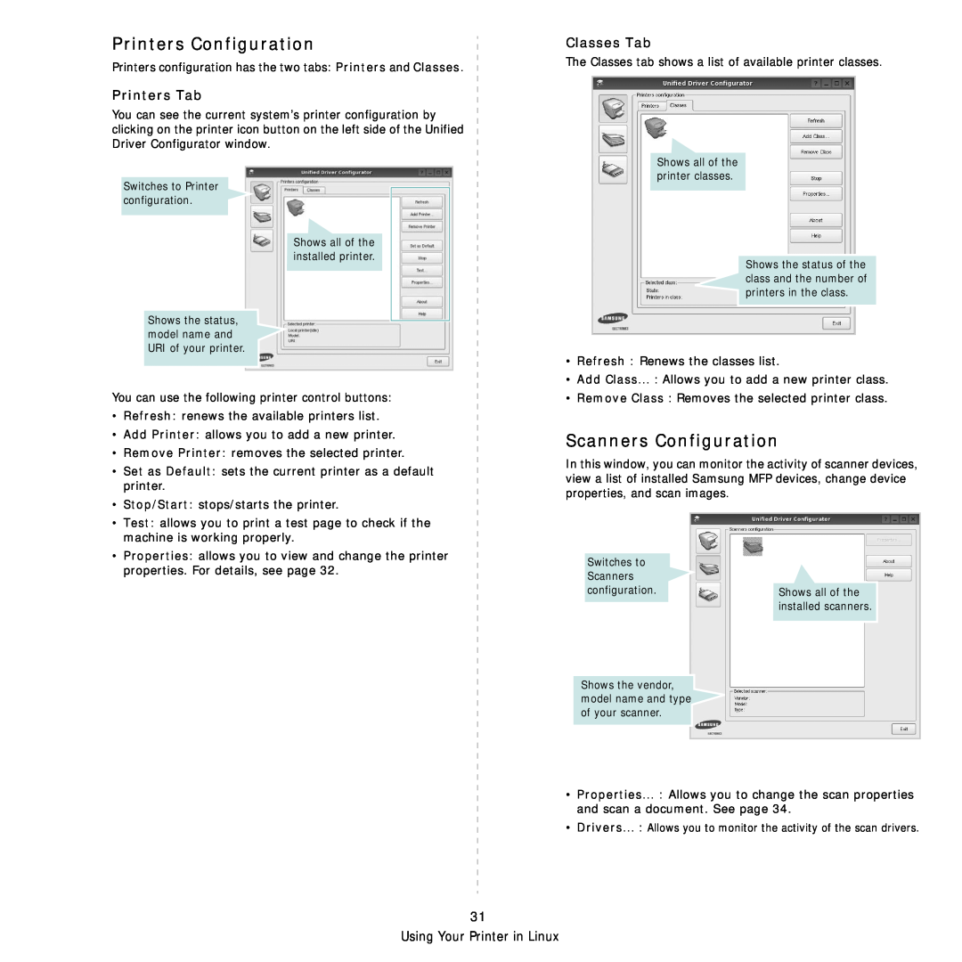 Samsung SCX-4500W manual Printers Configuration, Scanners Configuration, Printers Tab, Classes Tab 