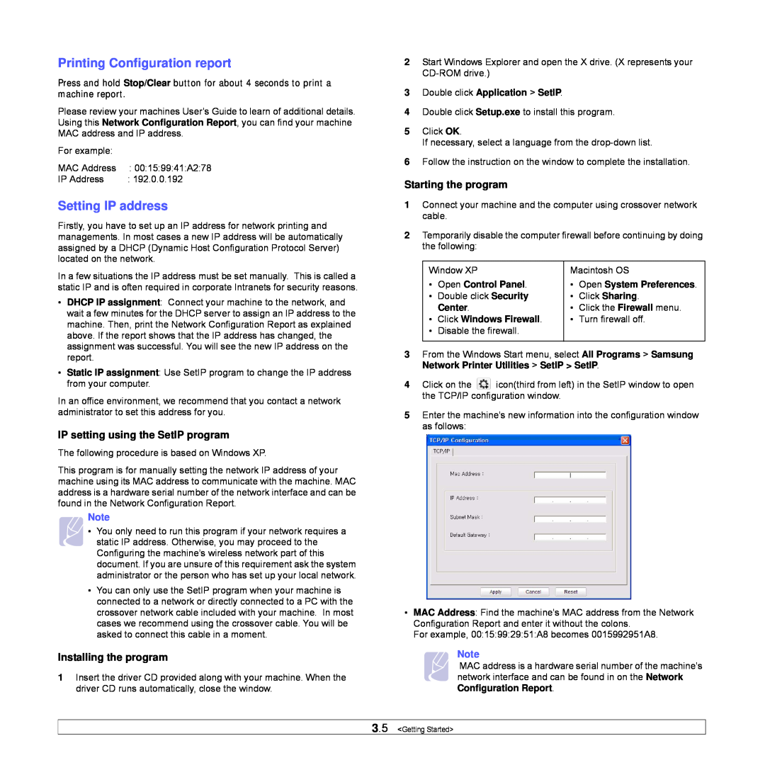 Samsung SCX-4500W manual Printing Configuration report, Setting IP address, Starting the program, Installing the program 