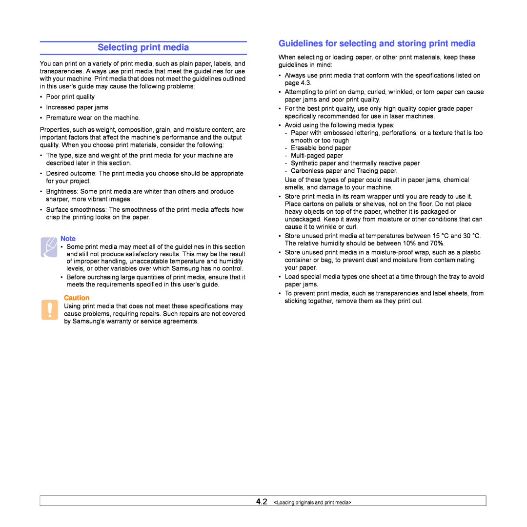 Samsung SCX-4500W manual Selecting print media, Guidelines for selecting and storing print media 