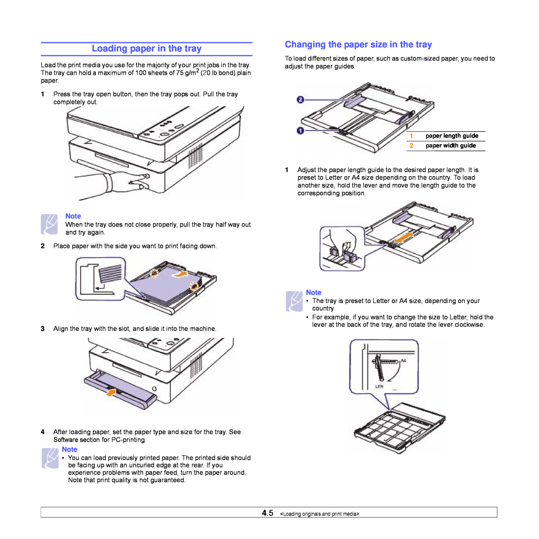 Samsung SCX-4500W manual Loading paper in the tray, Changing the paper size in the tray 
