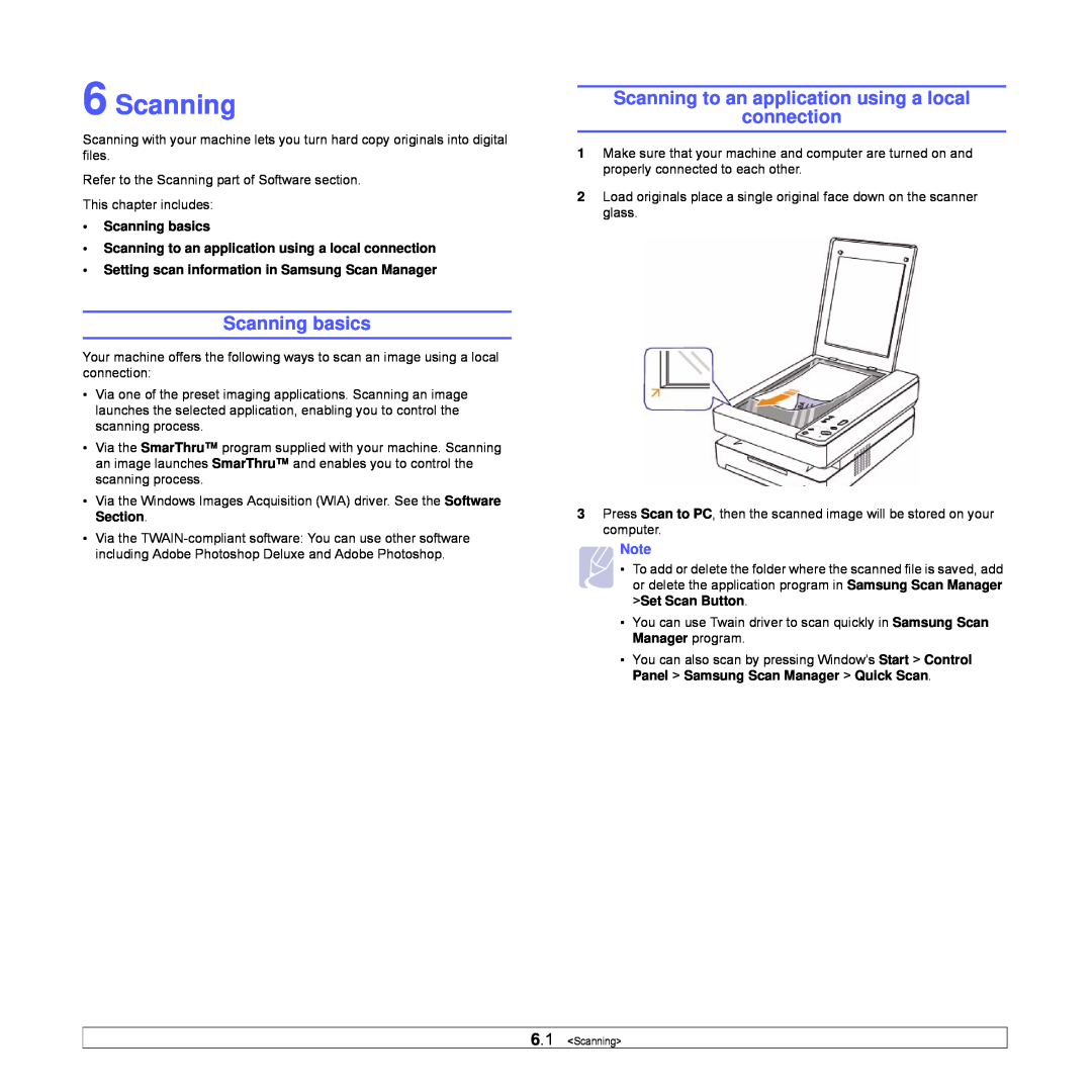 Samsung SCX-4500W manual Scanning basics, Scanning to an application using a local connection 