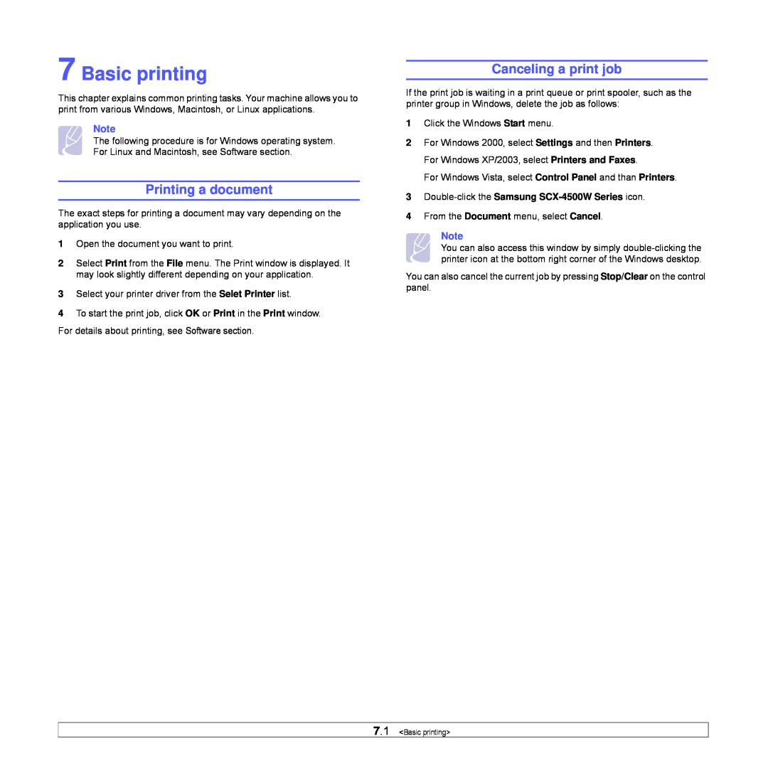Samsung SCX-4500W manual Basic printing, Printing a document, Canceling a print job 