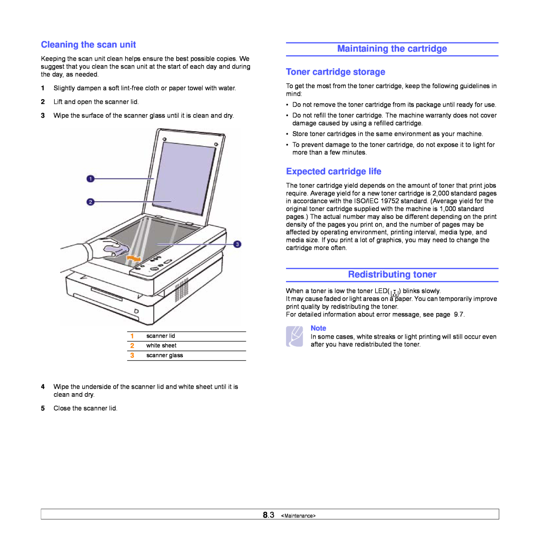 Samsung SCX-4500W manual Maintaining the cartridge, Redistributing toner, Cleaning the scan unit, Toner cartridge storage 