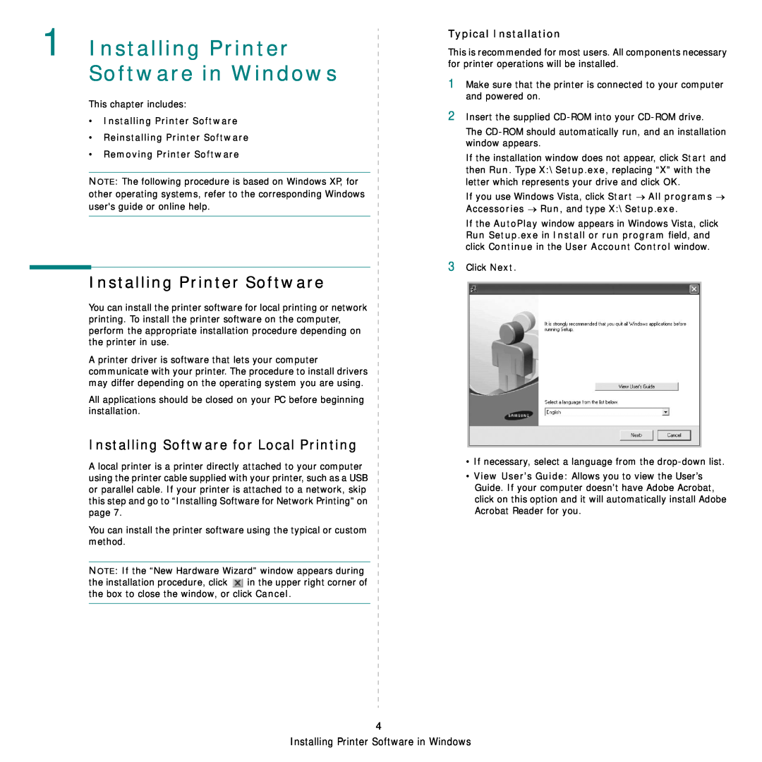 Samsung SCX-4500W Installing Printer Software in Windows, Installing Software for Local Printing, Typical Installation 