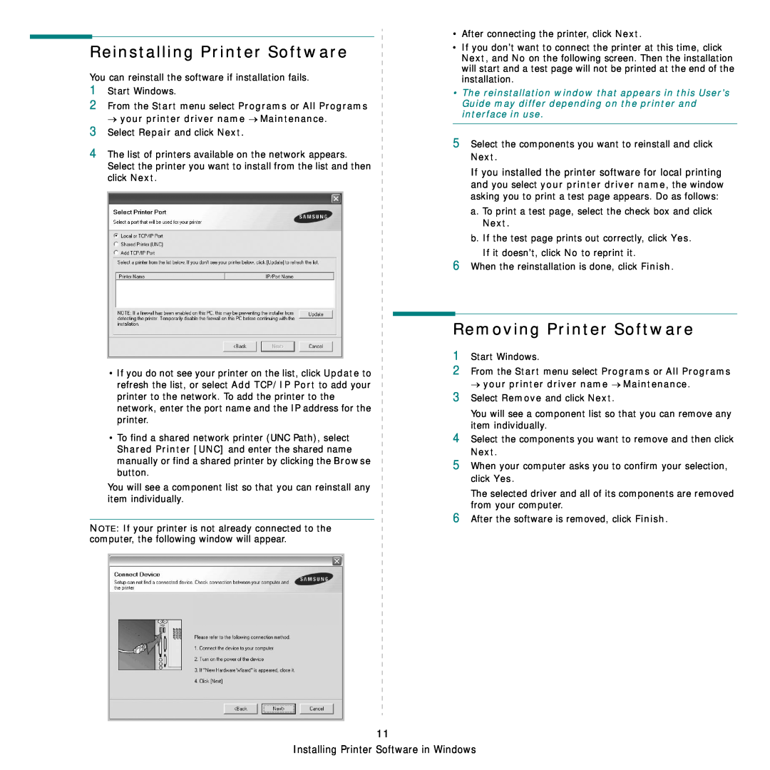 Samsung SCX-4500W manual Reinstalling Printer Software, Removing Printer Software 