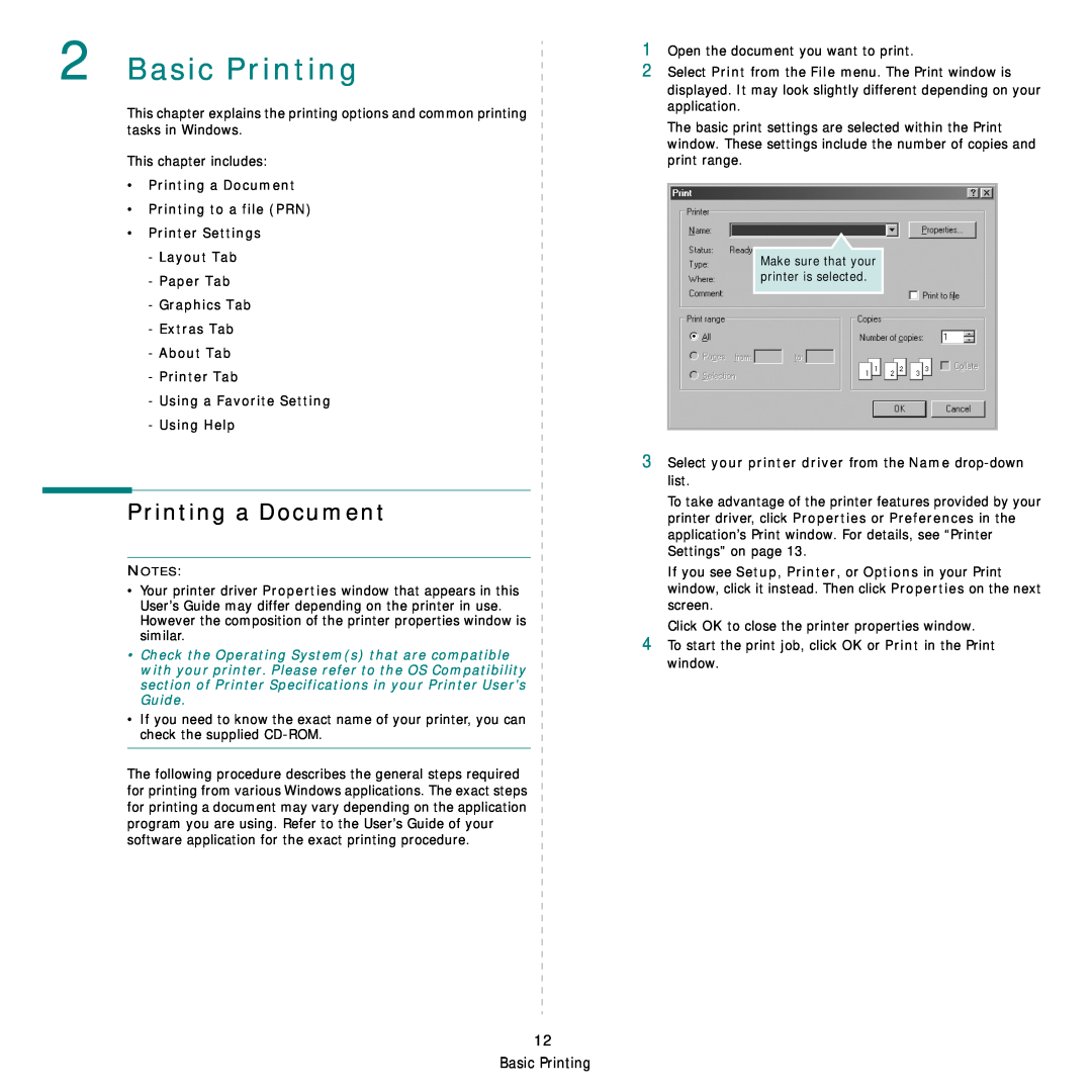 Samsung SCX-4500W manual Basic Printing, Printing a Document Printing to a file PRN Printer Settings 
