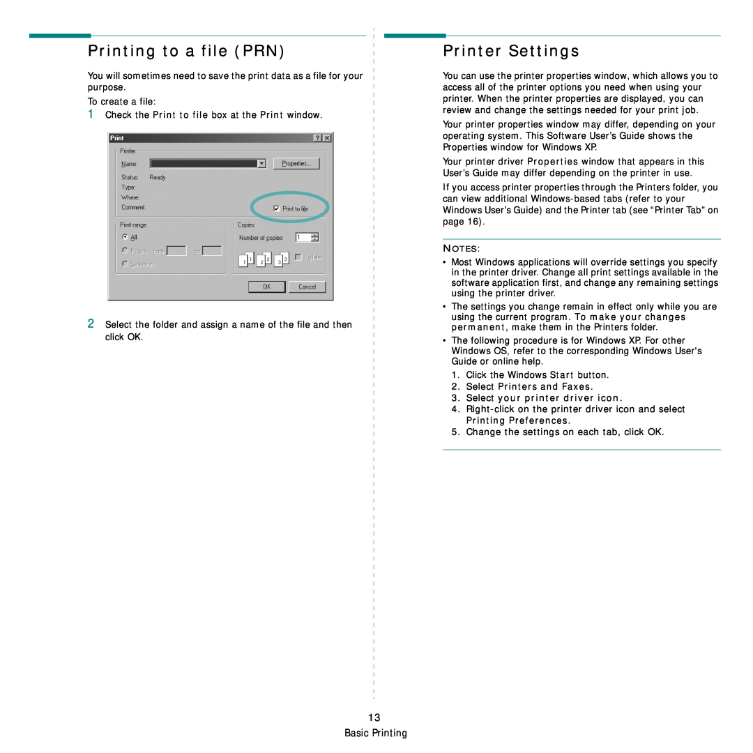 Samsung SCX-4500W manual Printing to a file PRN, Printer Settings, Basic Printing 