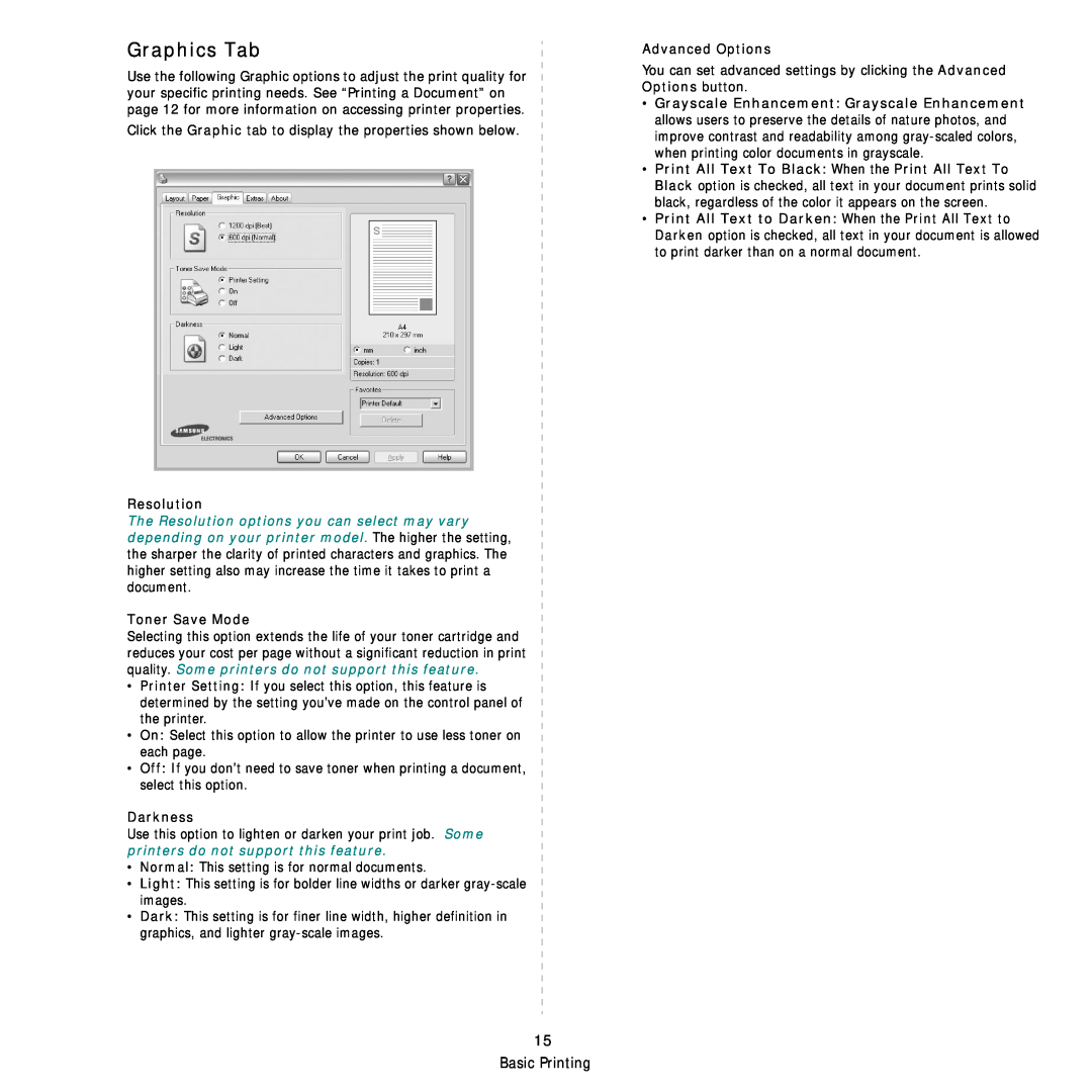 Samsung SCX-4500W manual Graphics Tab, Resolution, Toner Save Mode, Darkness, Advanced Options 