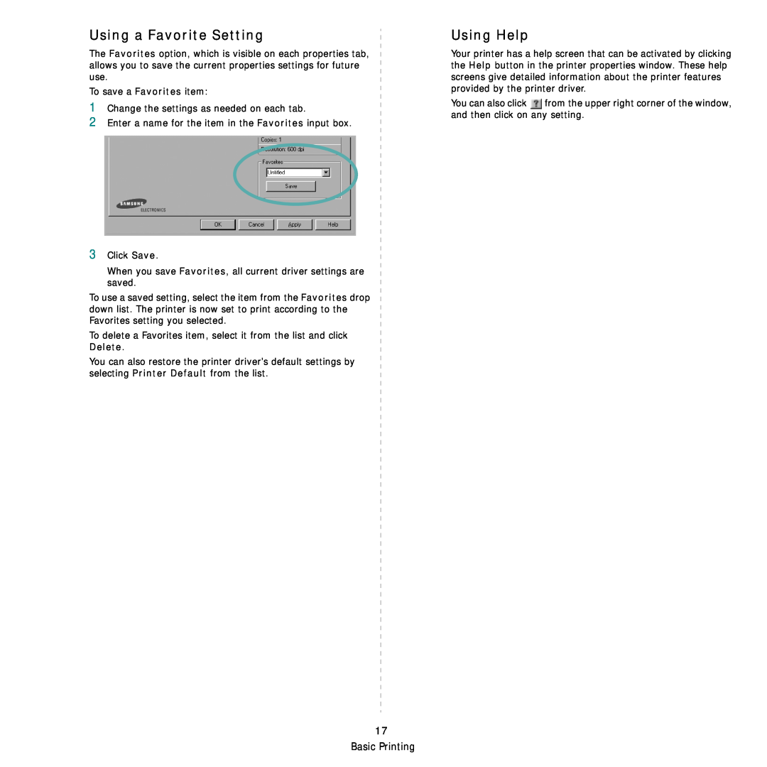 Samsung SCX-4500W manual Using a Favorite Setting, Using Help, Basic Printing 