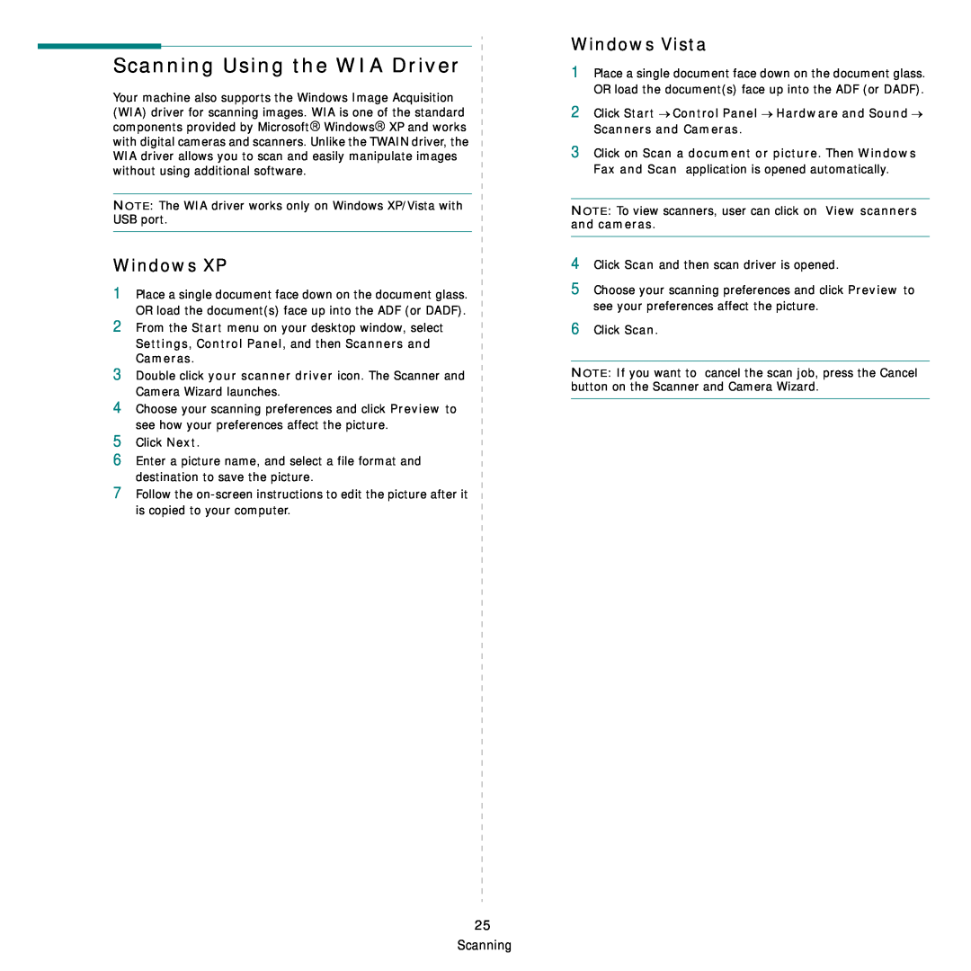 Samsung SCX-4500W manual Scanning Using the WIA Driver, Windows XP, Windows Vista 