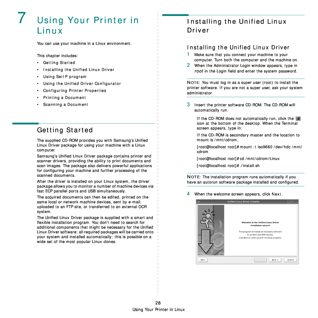 Samsung SCX-4500W Using Your Printer in Linux, Getting Started, Installing the Unified Linux Driver, Scanning a Document 