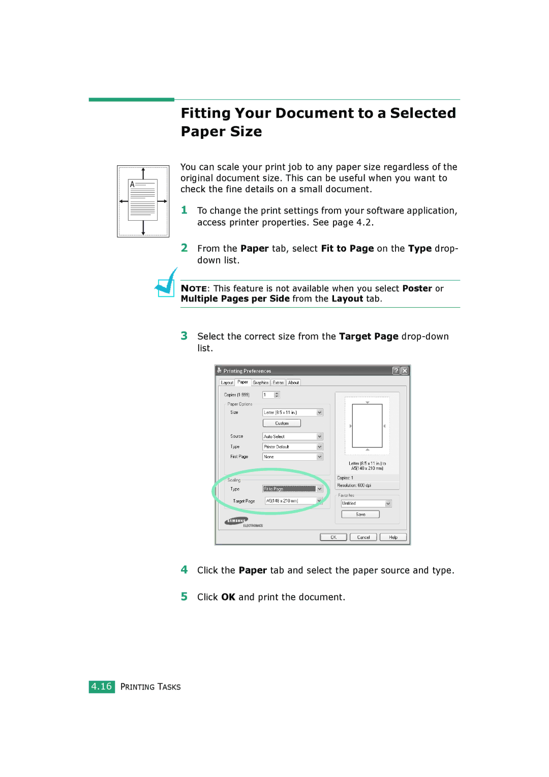 Samsung SCX-4520S, SCX-4720FS manual Fitting Your Document to a Selected Paper Size 