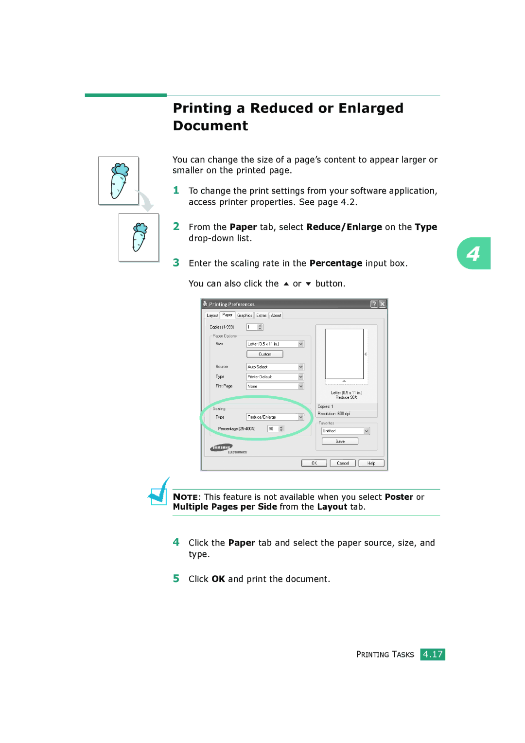 Samsung SCX-4520, SCX-4720FS manual Printing a Reduced or Enlarged Document, Multiple Pages per Side from the Layout tab 