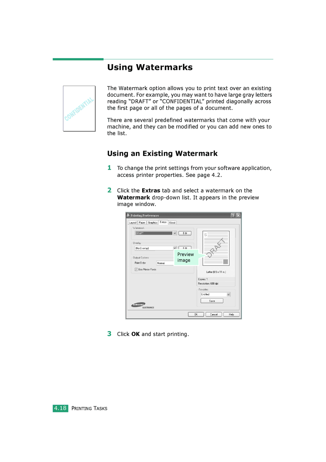 Samsung SCX-4720FS, SCX-4520S manual Using Watermarks, Using an Existing Watermark, Click OK and start printing 