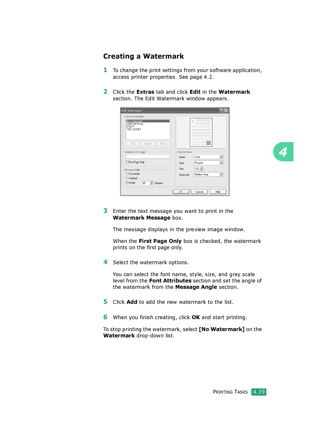 Samsung SCX-4520S, SCX-4720FS manual Creating a Watermark 