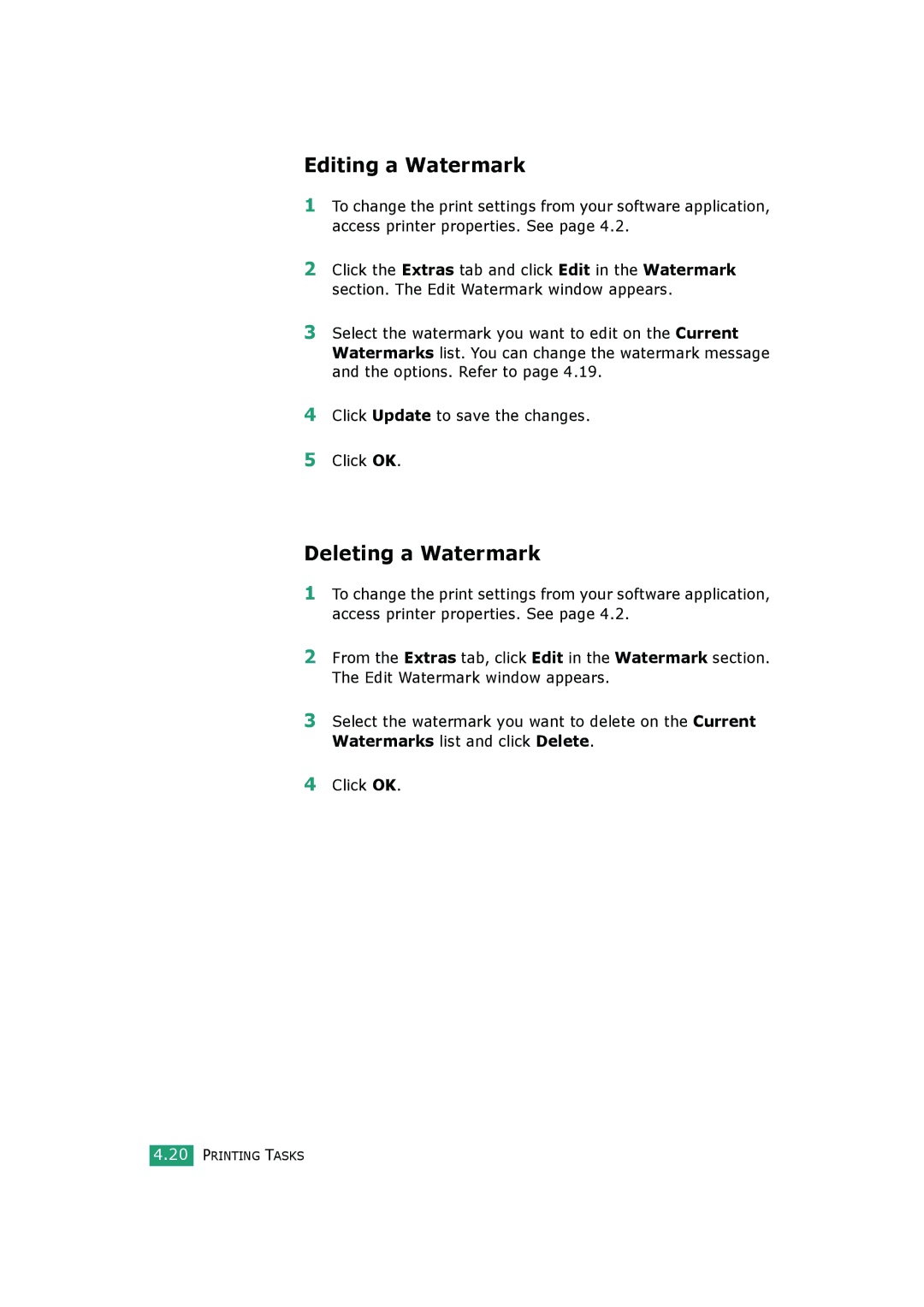 Samsung SCX-4720FS, SCX-4520S manual Editing a Watermark, Deleting a Watermark 