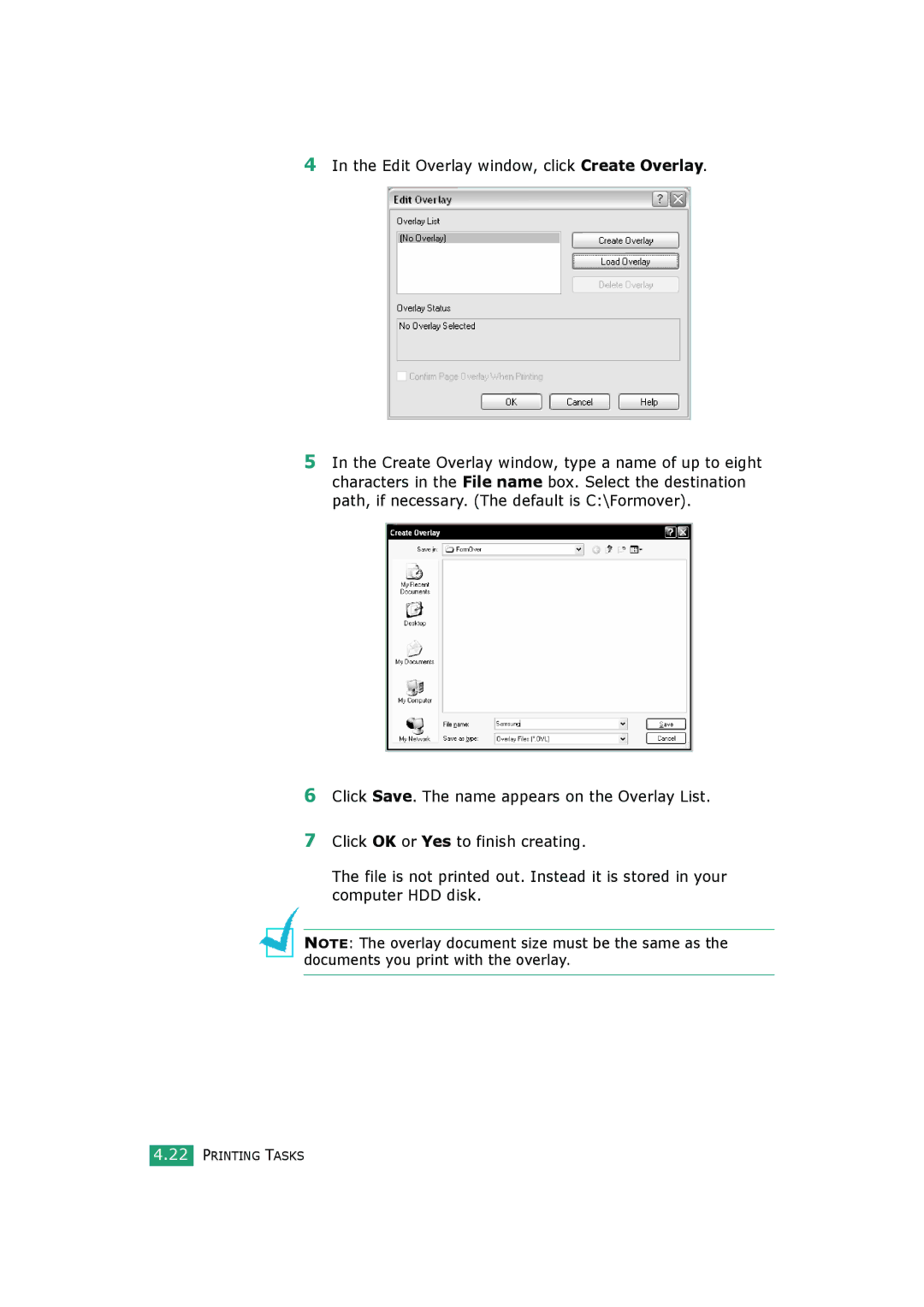 Samsung SCX-4520S, SCX-4720FS manual Edit Overlay window, click Create Overlay 