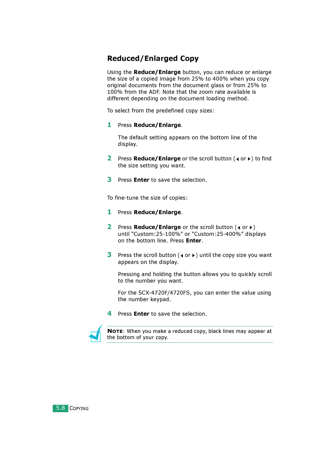 Samsung SCX-4520S, SCX-4720FS manual Reduced/Enlarged Copy, To select from the predefined copy sizes, Press Reduce/Enlarge 