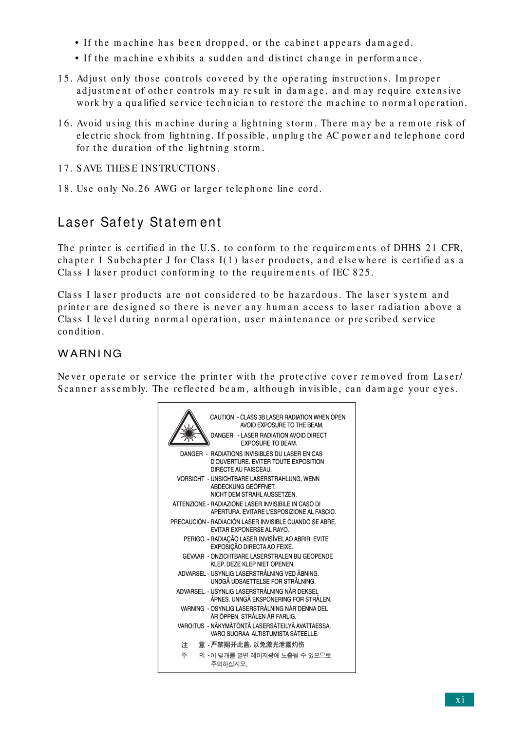 Samsung SCX-4720FS, SCX-4520S manual Laser Safety Statement 