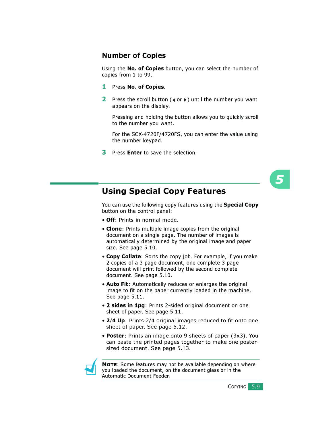 Samsung SCX-4720FS, SCX-4520S manual Using Special Copy Features, Number of Copies, Press No. of Copies 