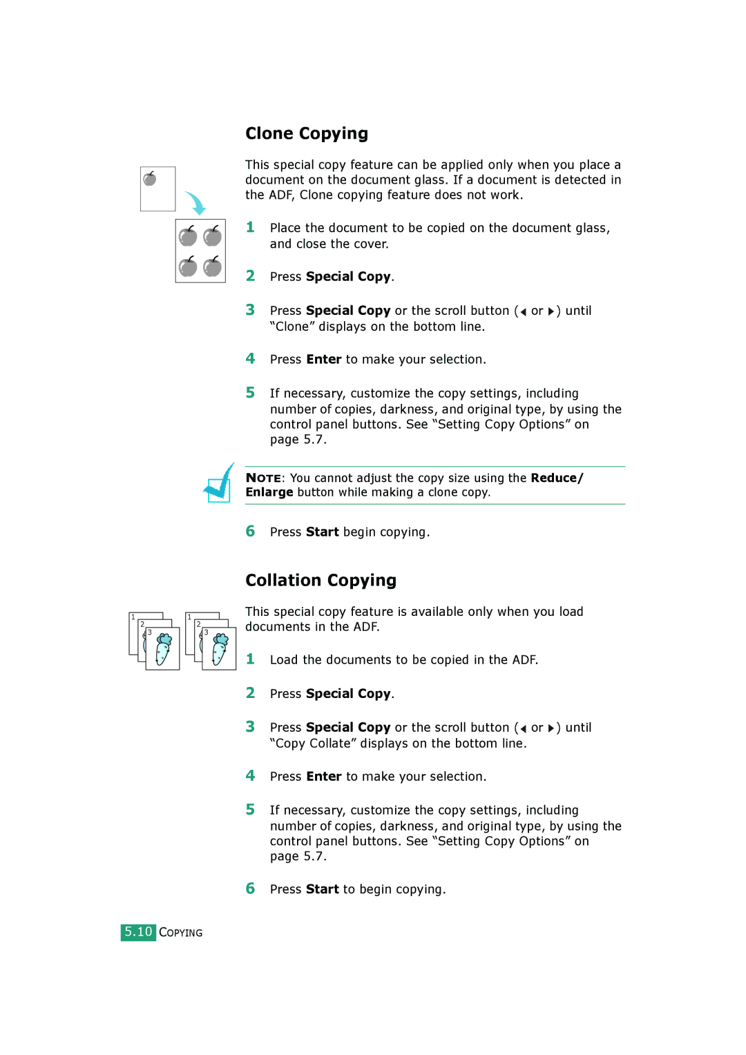 Samsung SCX-4720FS, SCX-4520S manual Clone Copying, Collation Copying, Press Special Copy 