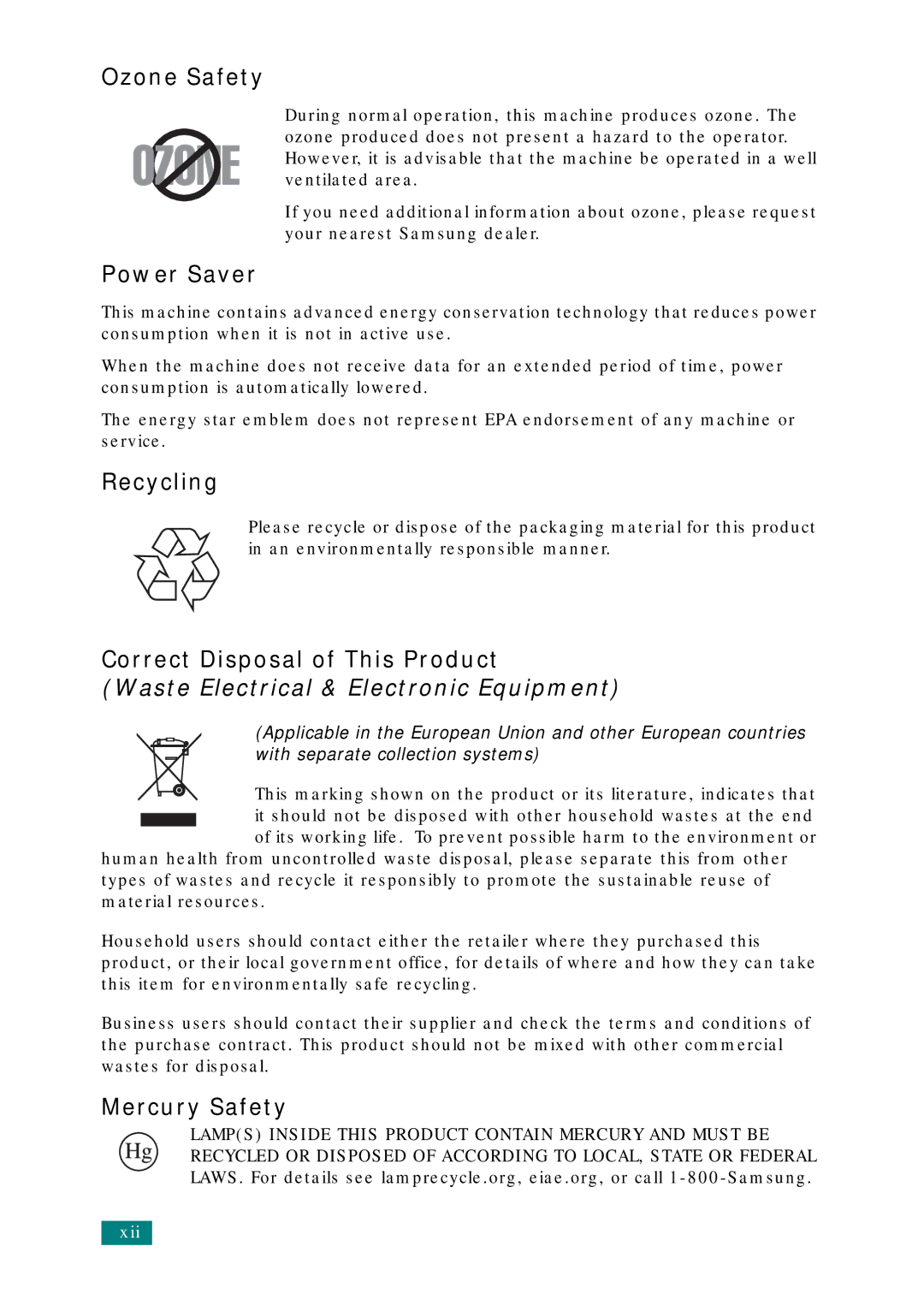 Samsung SCX-4720FS, SCX-4520 manual Ozone Safety, Power Saver, Recycling, Correct Disposal of This Product, Mercury Safety 