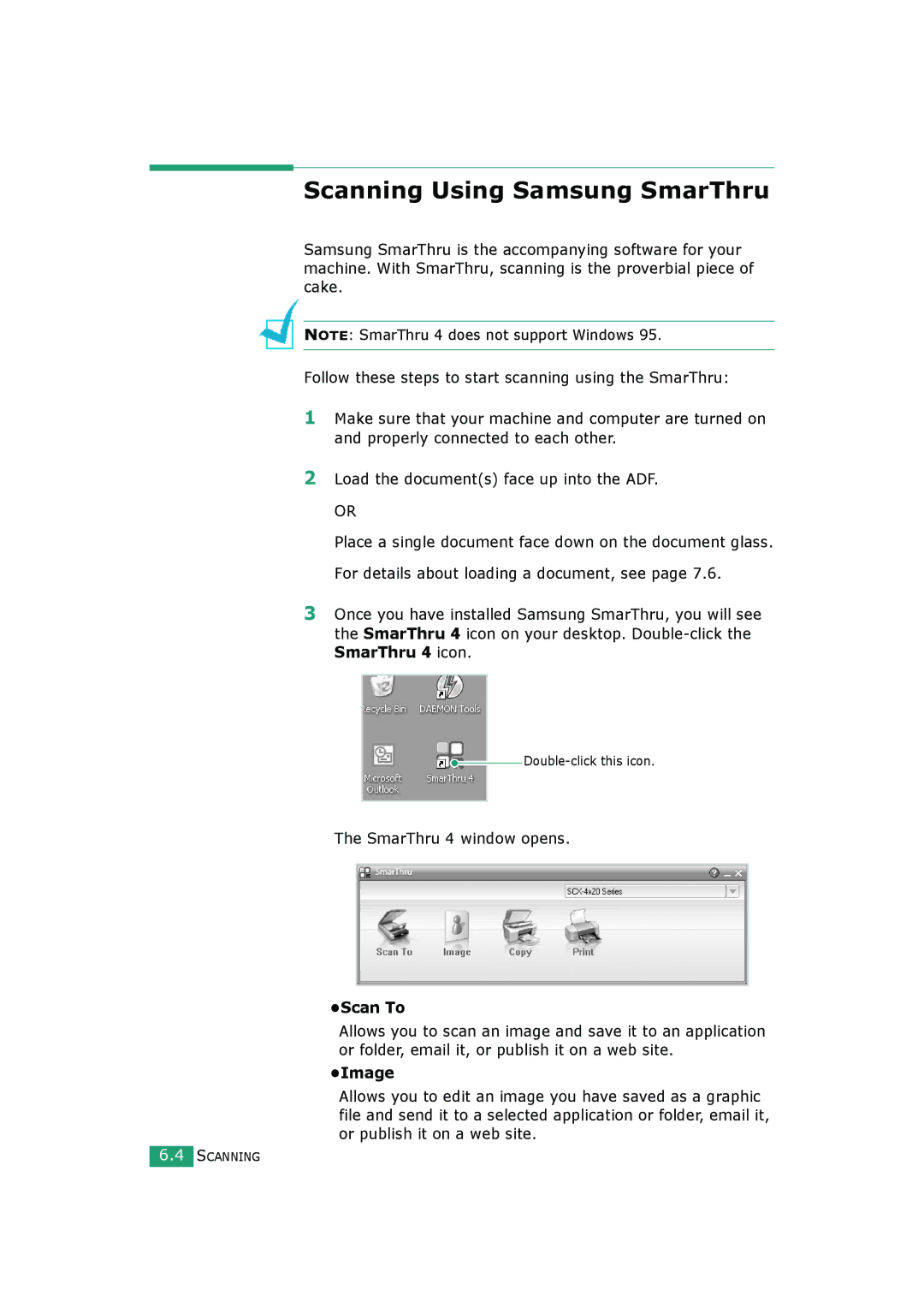 Samsung SCX-4520S, SCX-4720FS manual Scanning Using Samsung SmarThru, SmarThru 4 window opens, Scan To 