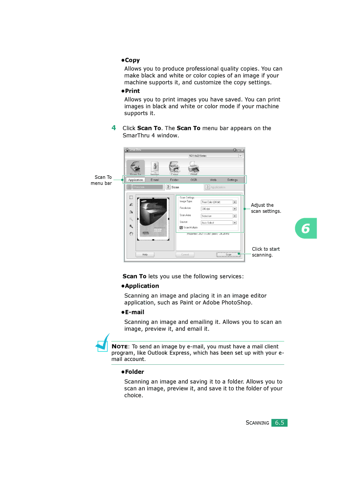 Samsung SCX-4720FS, SCX-4520S manual Copy, Print, Application, Mail, Folder 