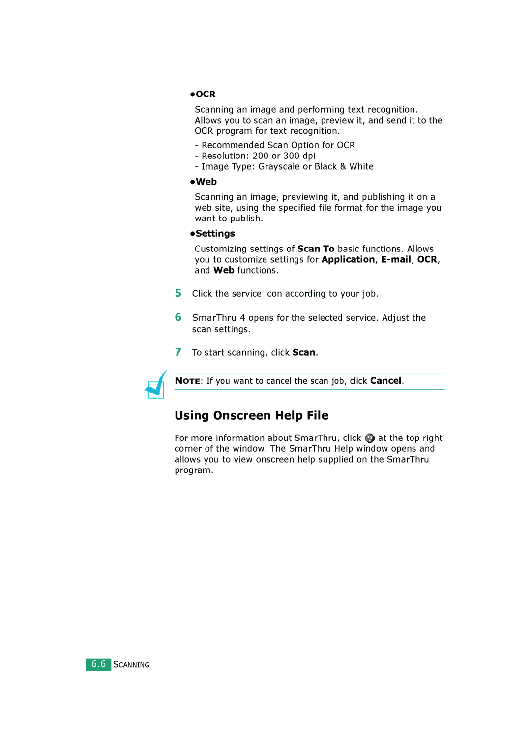 Samsung SCX-4720FS, SCX-4520S manual Using Onscreen Help File, Web, Settings 