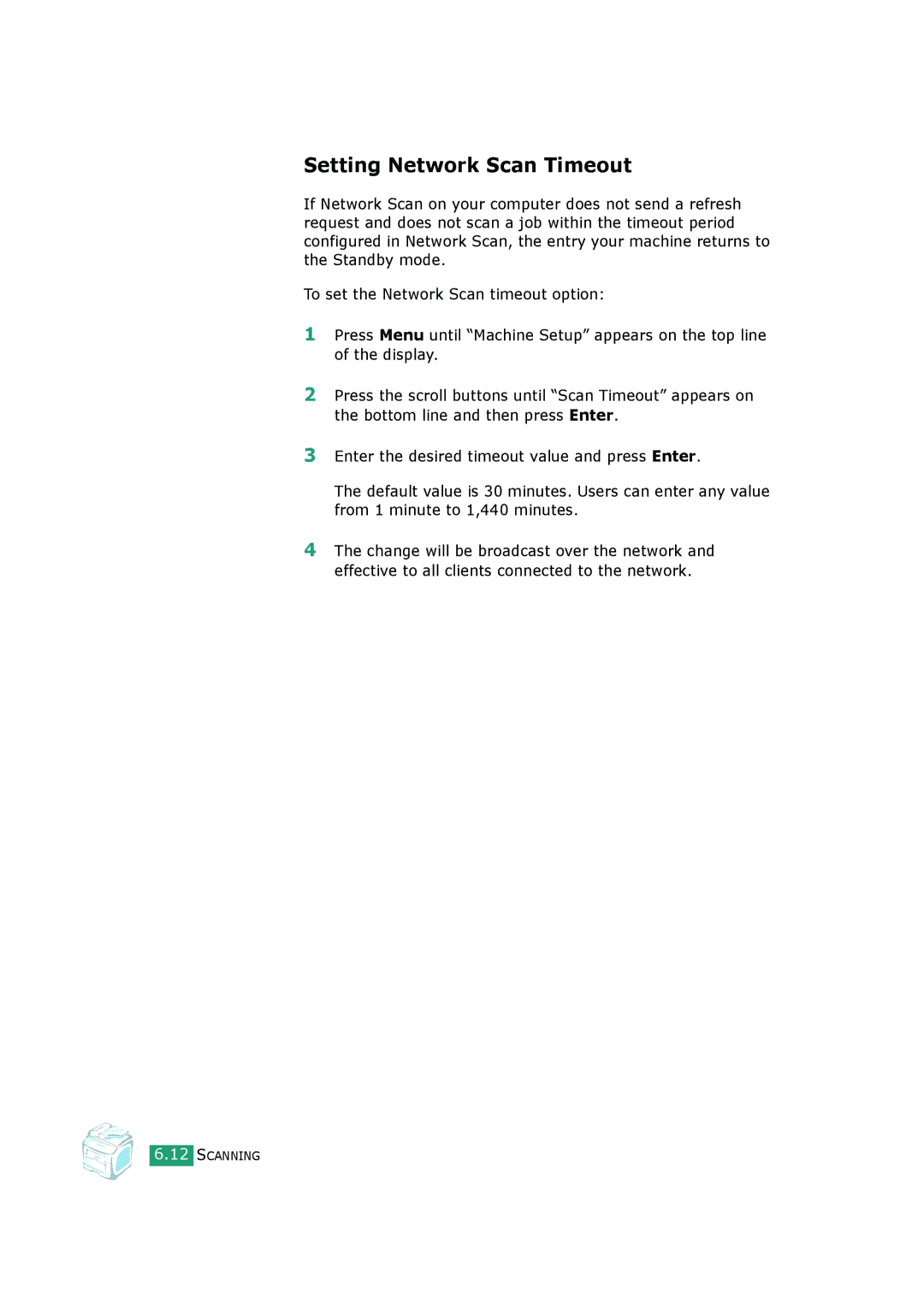 Samsung SCX-4720FS, SCX-4520S manual Setting Network Scan Timeout 