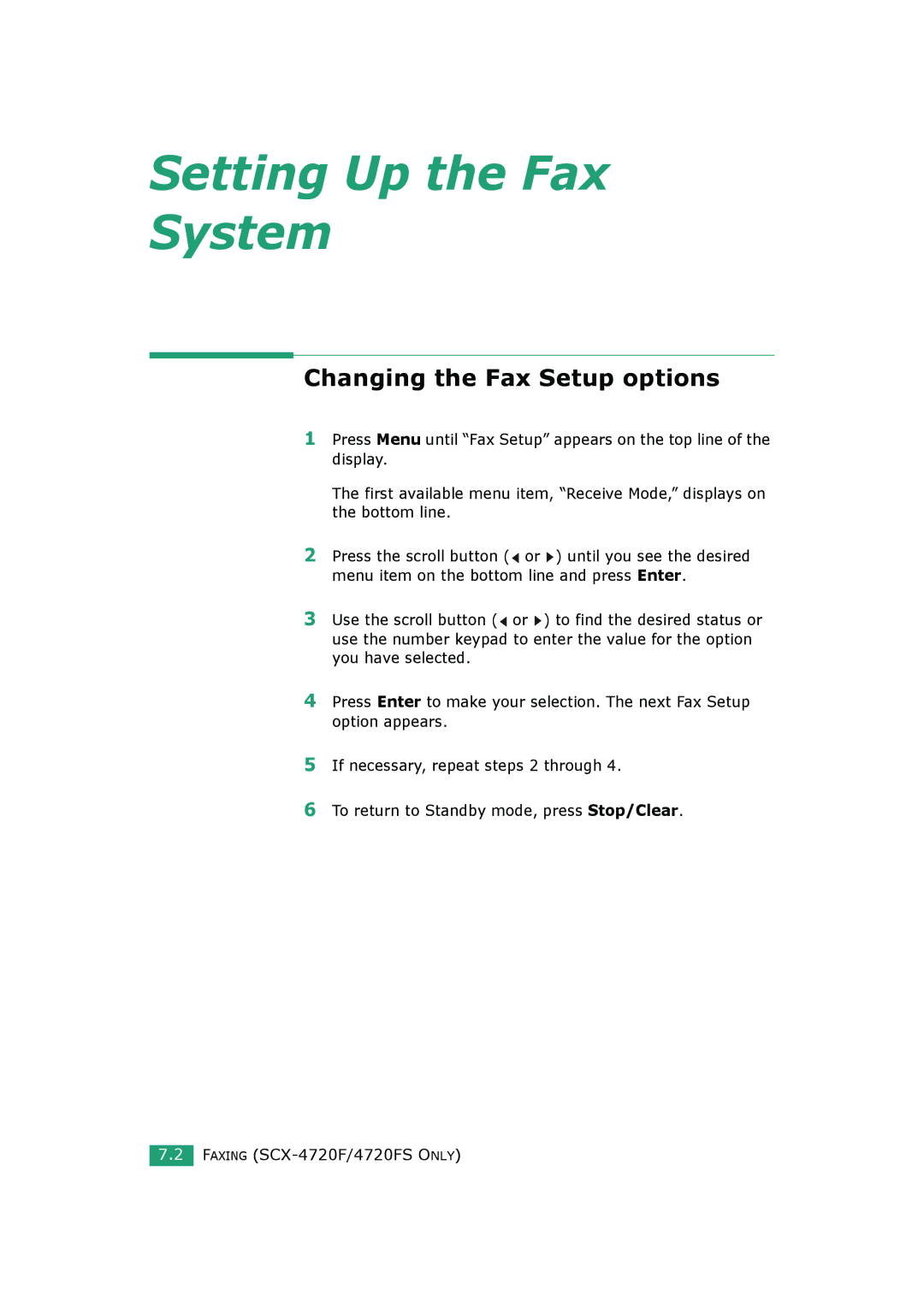 Samsung SCX-4720FS, SCX-4520S manual Setting Up the Fax System, Changing the Fax Setup options 