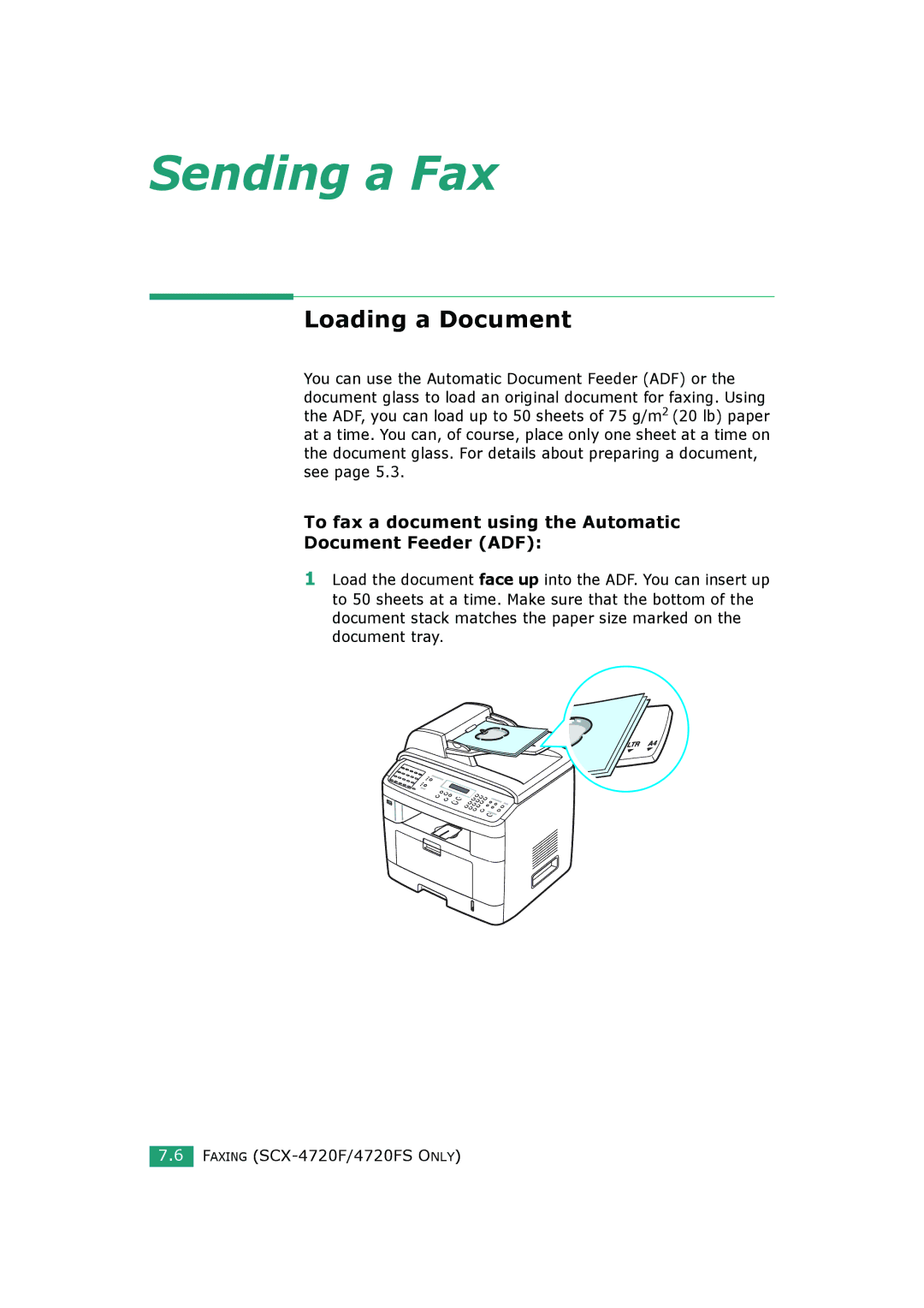 Samsung SCX-4720FS, SCX-4520S manual Loading a Document, To fax a document using the Automatic Document Feeder ADF 