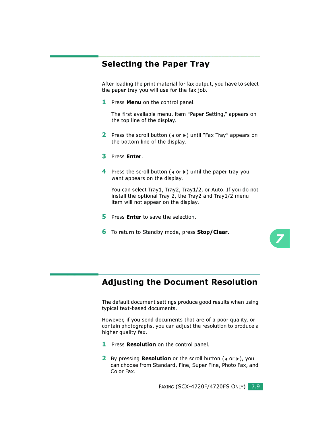 Samsung SCX-4720FS, SCX-4520S manual Selecting the Paper Tray, Adjusting the Document Resolution 