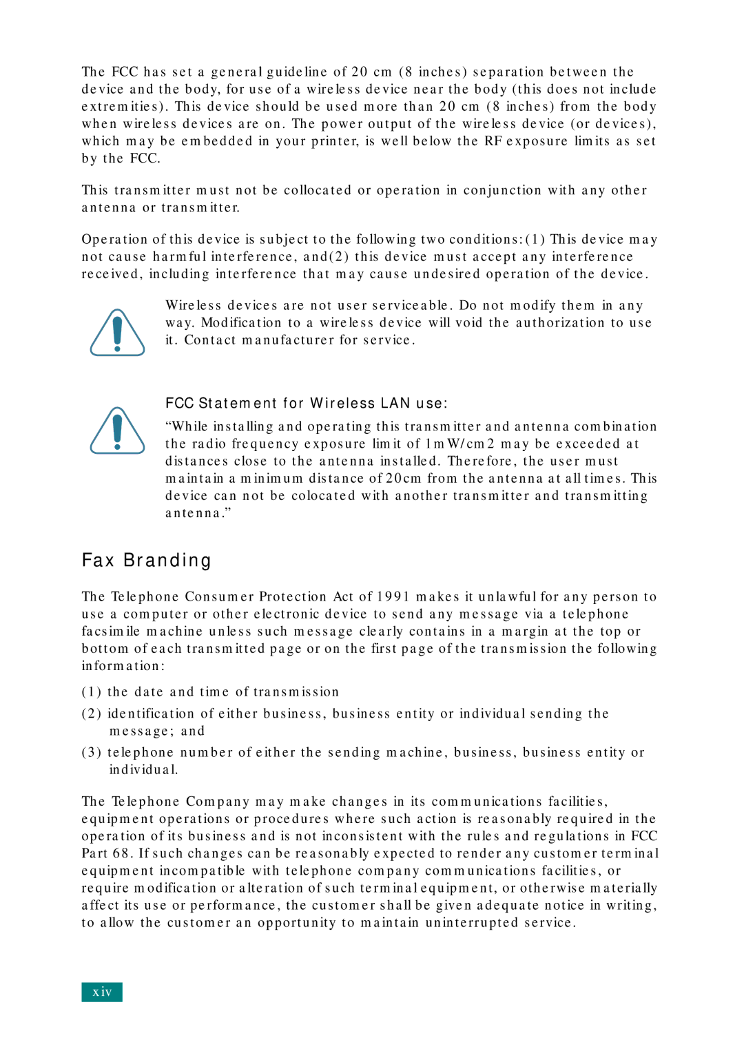 Samsung SCX-4720FS, SCX-4520S manual Fax Branding, FCC Statement for Wireless LAN use 