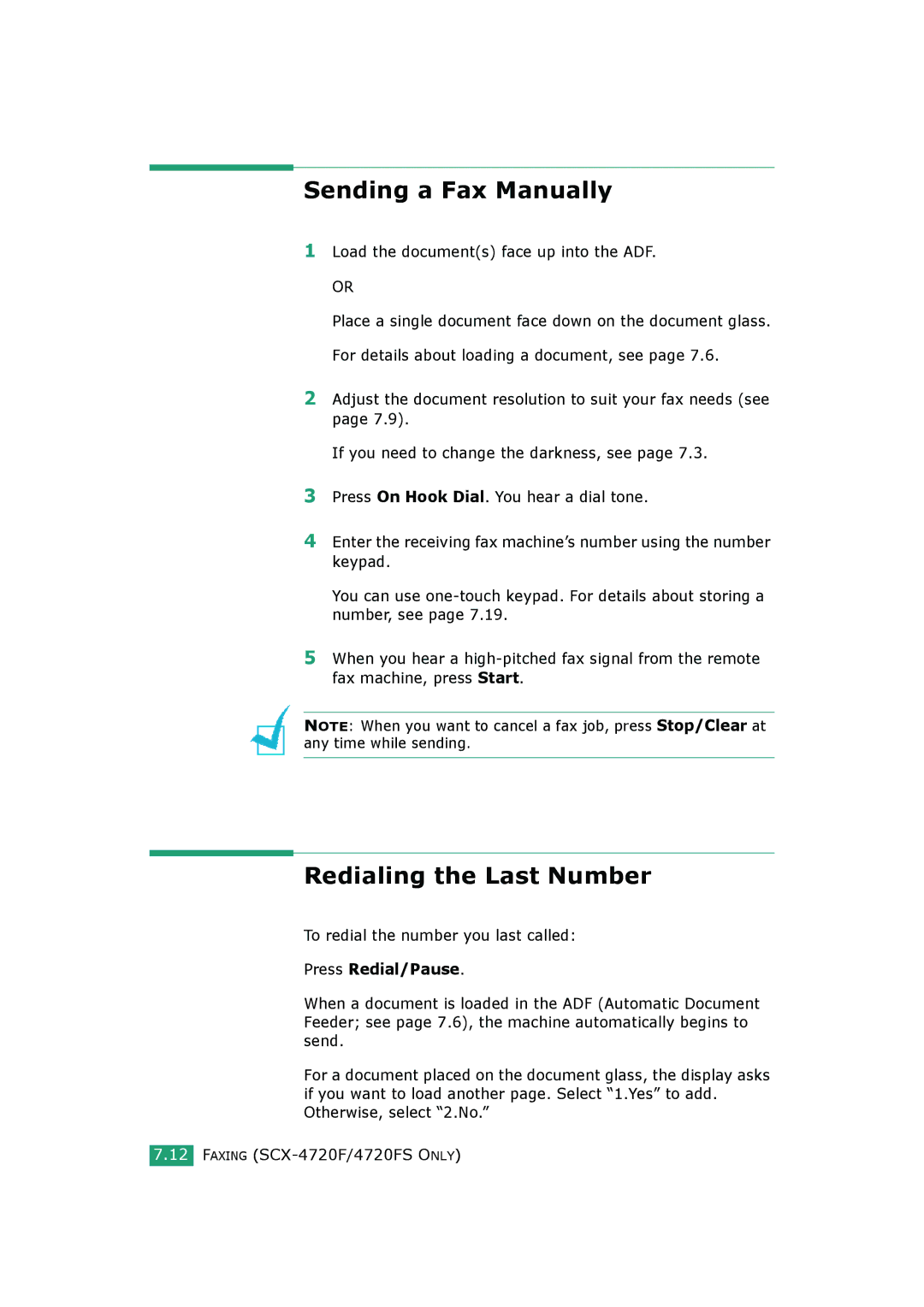 Samsung SCX-4720FS, SCX-4520 manual Sending a Fax Manually, Redialing the Last Number, To redial the number you last called 