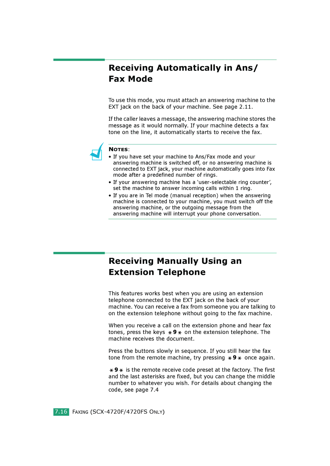 Samsung SCX-4520S, SCX-4720FS Receiving Automatically in Ans/ Fax Mode, Receiving Manually Using an Extension Telephone 