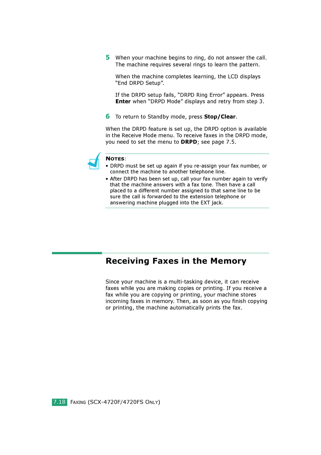 Samsung SCX-4720FS, SCX-4520S manual Receiving Faxes in the Memory, To return to Standby mode, press Stop/Clear 