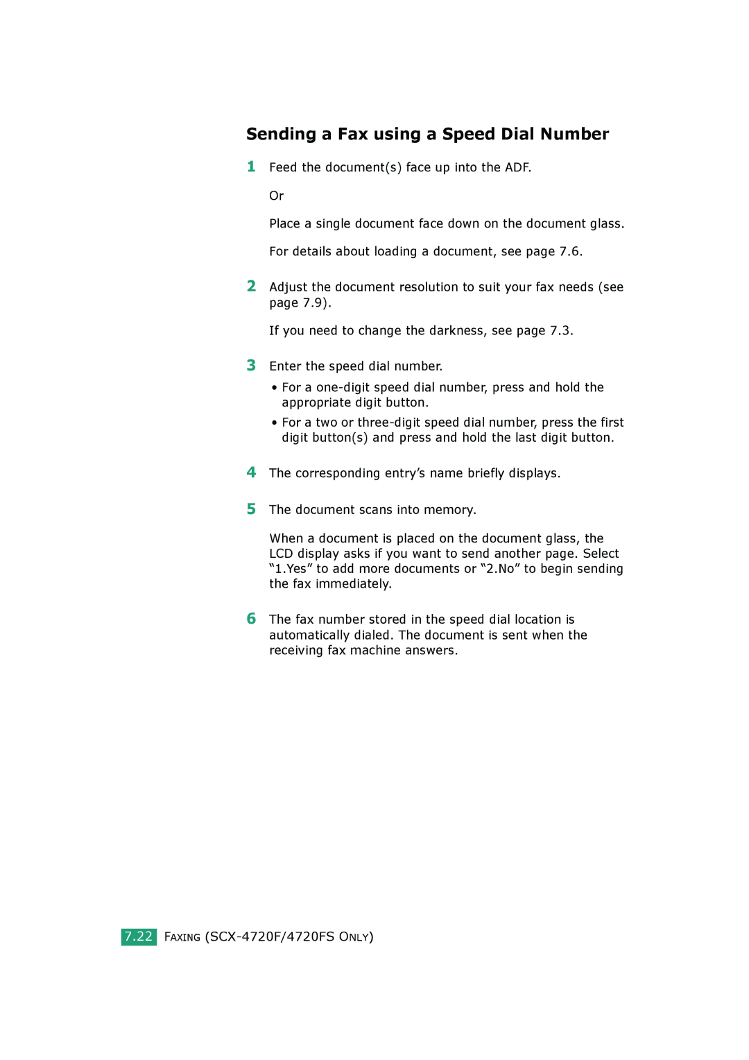 Samsung SCX-4520S, SCX-4720FS manual Sending a Fax using a Speed Dial Number, Feed the documents face up into the ADF. Or 