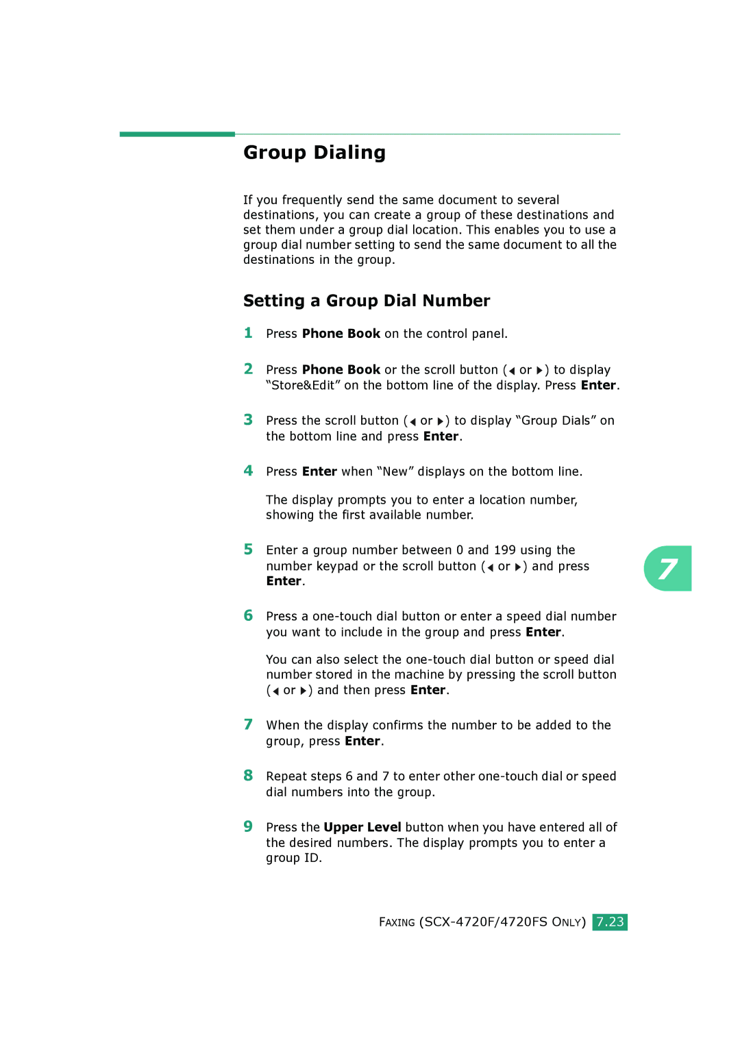 Samsung SCX-4720FS, SCX-4520S manual Group Dialing, Setting a Group Dial Number, Enter 