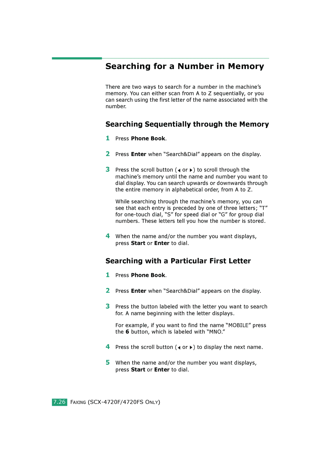Samsung SCX-4520, SCX-4720FS Searching for a Number in Memory, Searching Sequentially through the Memory, Press Phone Book 
