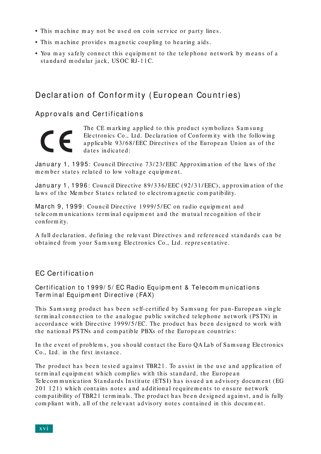 Samsung SCX-4520S, SCX-4720FS Declaration of Conformity European Countries, Approvals and Certifications, EC Certification 