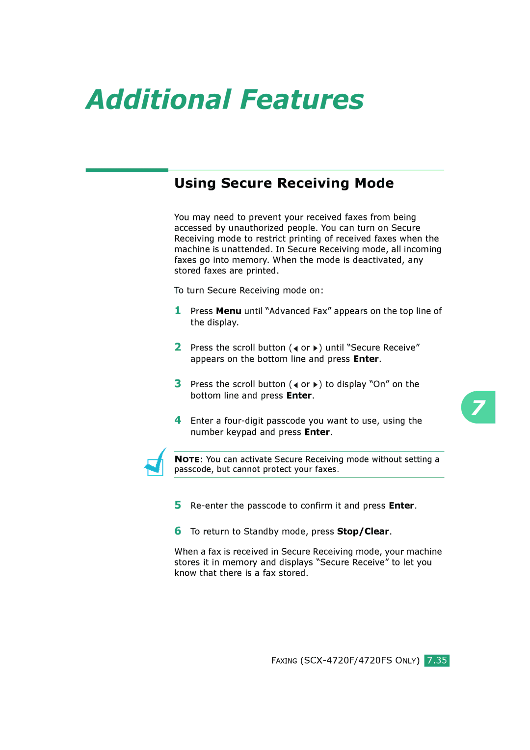 Samsung SCX-4720FS, SCX-4520S manual Additional Features, Using Secure Receiving Mode 