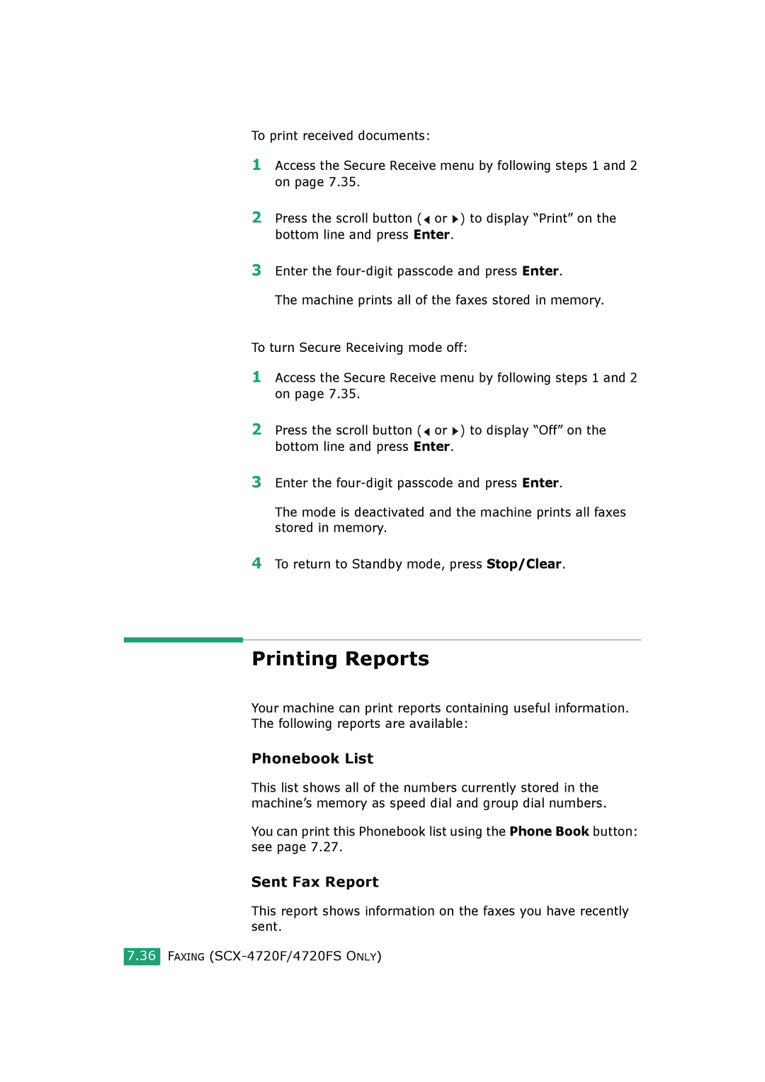 Samsung SCX-4720FS, SCX-4520S manual Printing Reports, Phonebook List, Sent Fax Report 