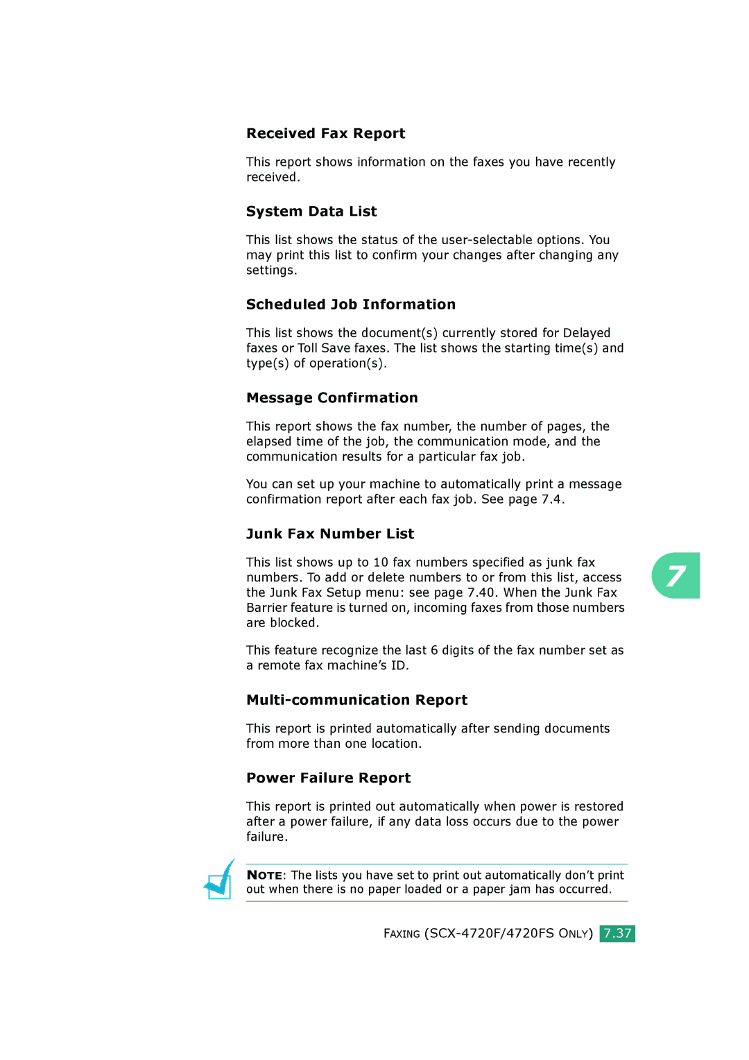 Samsung SCX-4520S, SCX-4720FS manual Received Fax Report, System Data List, Scheduled Job Information, Message Confirmation 