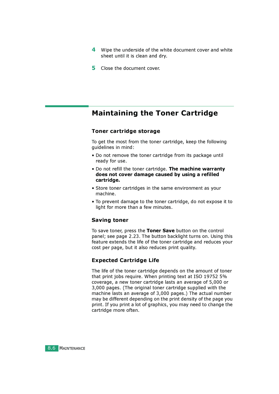 Samsung SCX-4520S manual Maintaining the Toner Cartridge, Toner cartridge storage, Saving toner, Expected Cartridge Life 