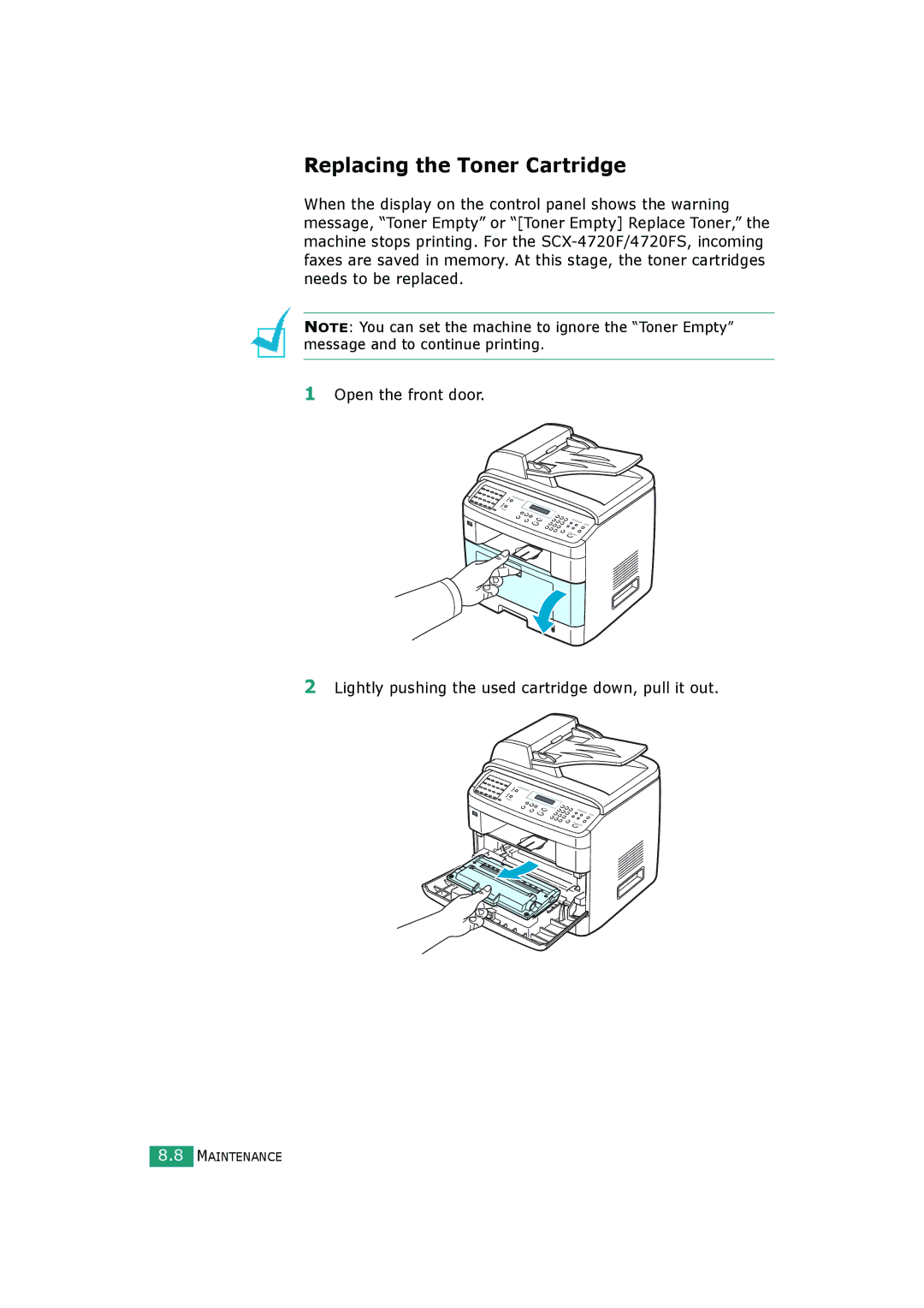 Samsung SCX-4720FS, SCX-4520S manual Replacing the Toner Cartridge 