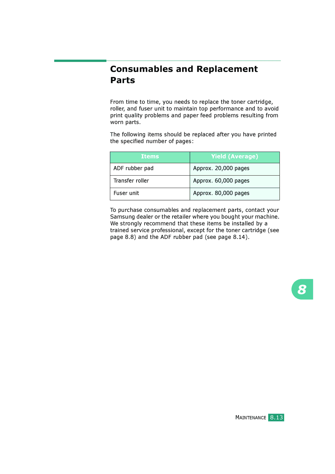 Samsung SCX-4720FS, SCX-4520S manual Consumables and Replacement Parts, Items Yield Average 