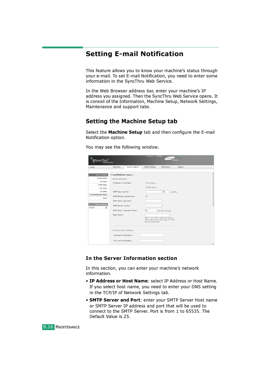 Samsung SCX-4520, SCX-4720FS manual Setting E-mail Notification, Setting the Machine Setup tab, Server Information section 