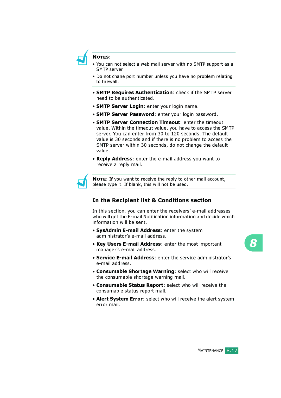 Samsung SCX-4720FS, SCX-4520S manual Recipient list & Conditions section, SysAdmin E-mail Address enter the system 